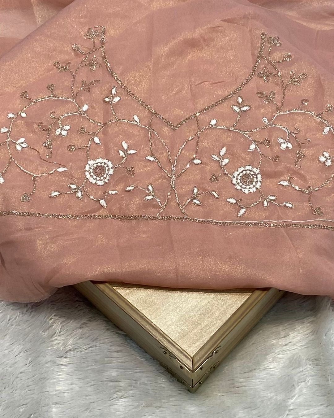 Dusty Peach Colour Shimmer Georgette Saree with Embroidery Work
