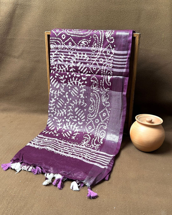 Deep Dark Purple Colour Cotton Batik Printed Saree