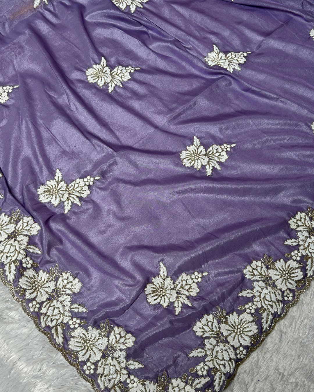 Lavender Colour Shimmer Saree with Heavy Floral Embroidery Border