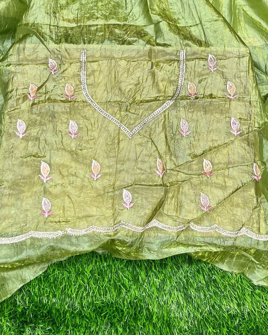 Sage Green Colour Crunchy Silk Thread Work Saree