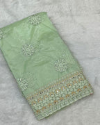 Parrot Green Colour Twill Net Mirror Work Saree