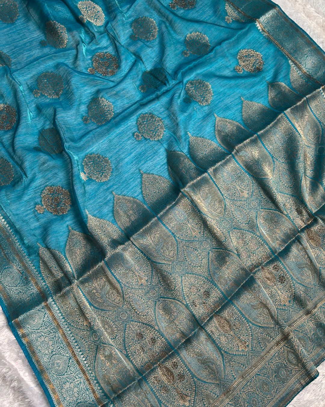 Sky Blue Colour Shimmer Georgette Saree With Swarovski Work