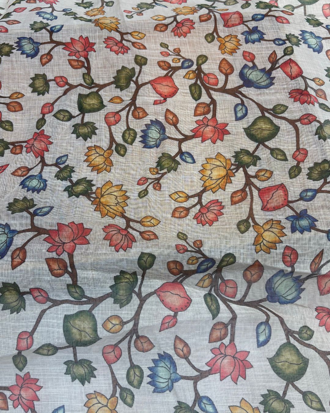 Light parrot green Colour Lotus Flower Print  Linen Cotton Printed Saree