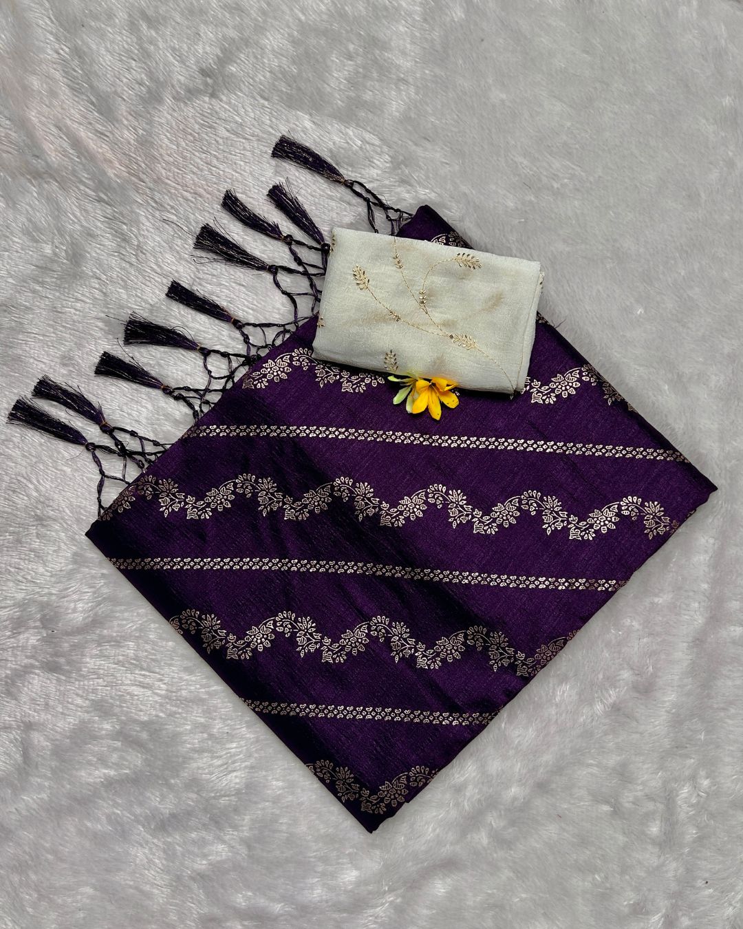 Purple Colour Vichitra Silk Foil Print with Contrast Blouse Piece
