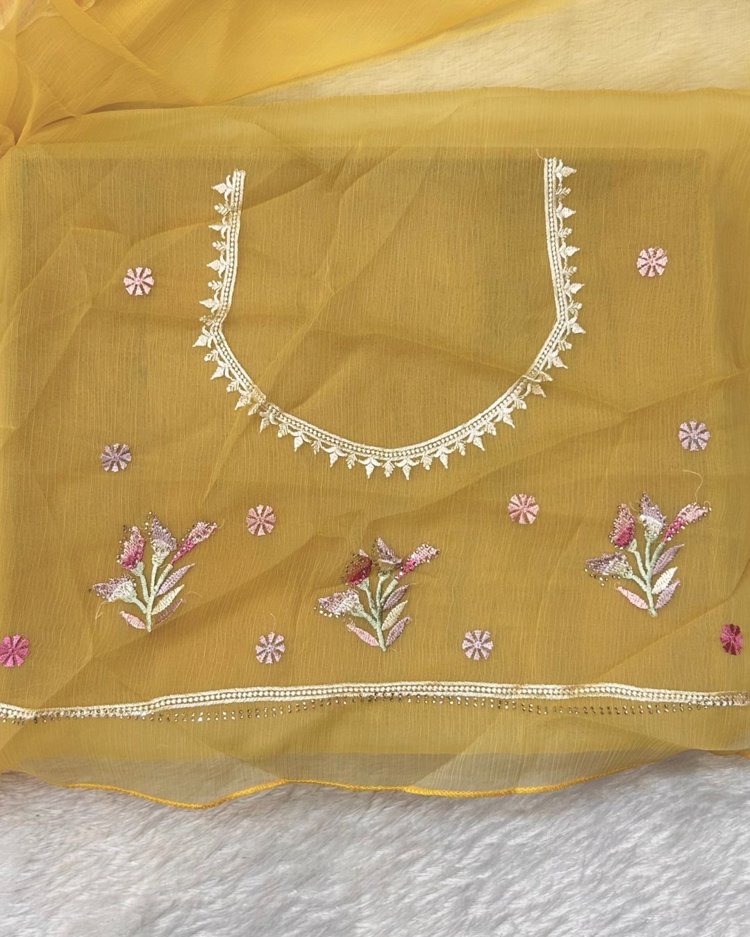 Light Yellow Colour Crunchy Silk Thread Work Saree
