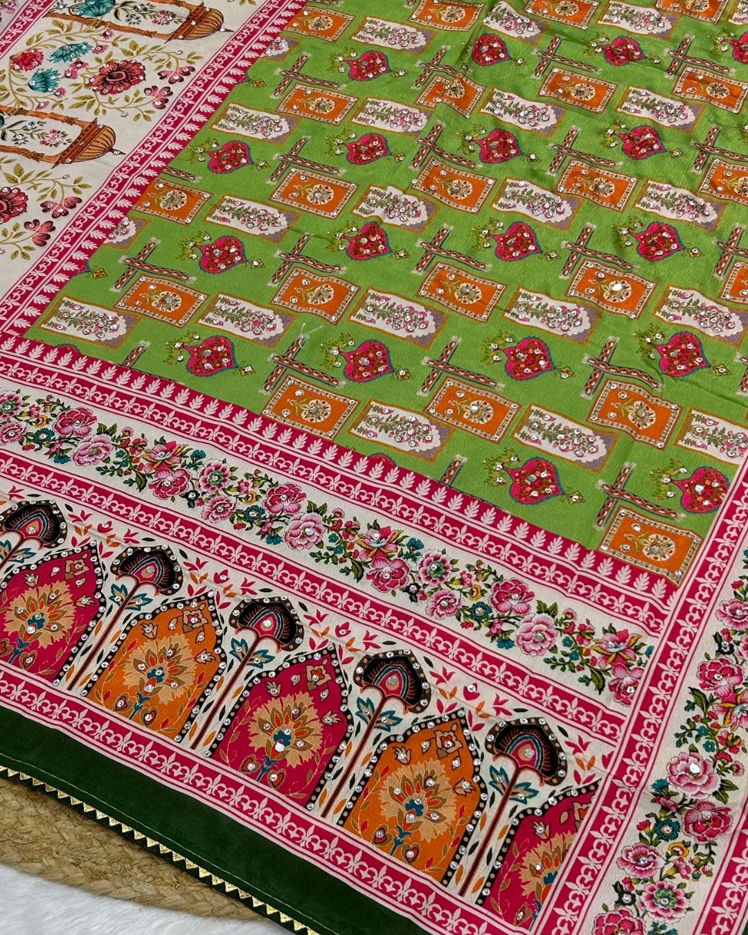 Vibrant Green Colour Digital Patchwork Printed Saree