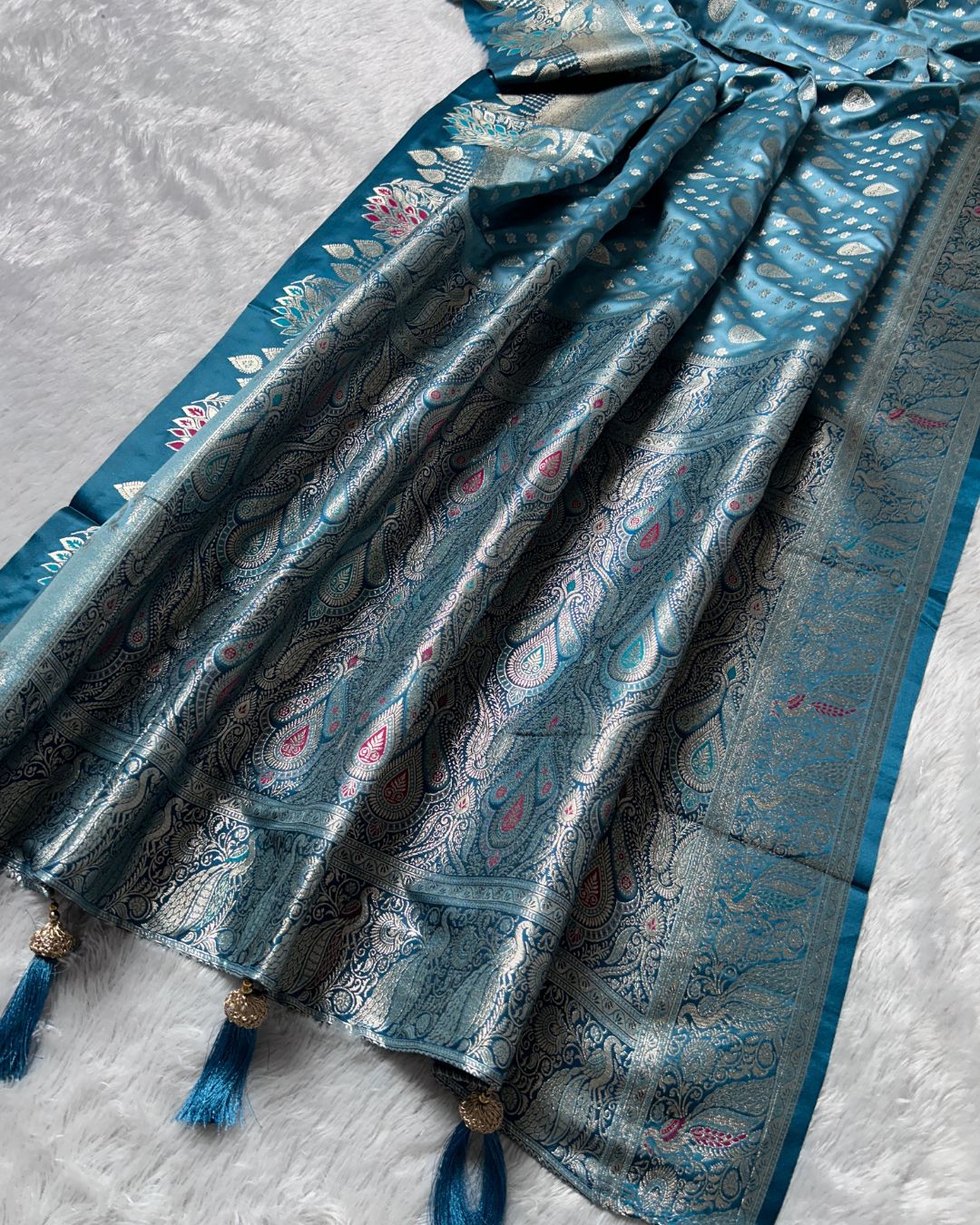 Teal Blue Colour Paithani Silk Saree with Multicolour Peacock Design