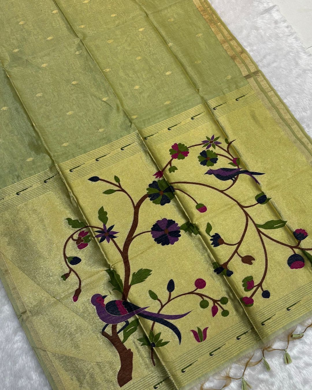 Pista Green Colour  Thread work Cotton Saree