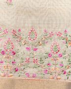 Golden Beige Tissue Cotton Saree with Elegant Pink Floral Thread Embroidery
