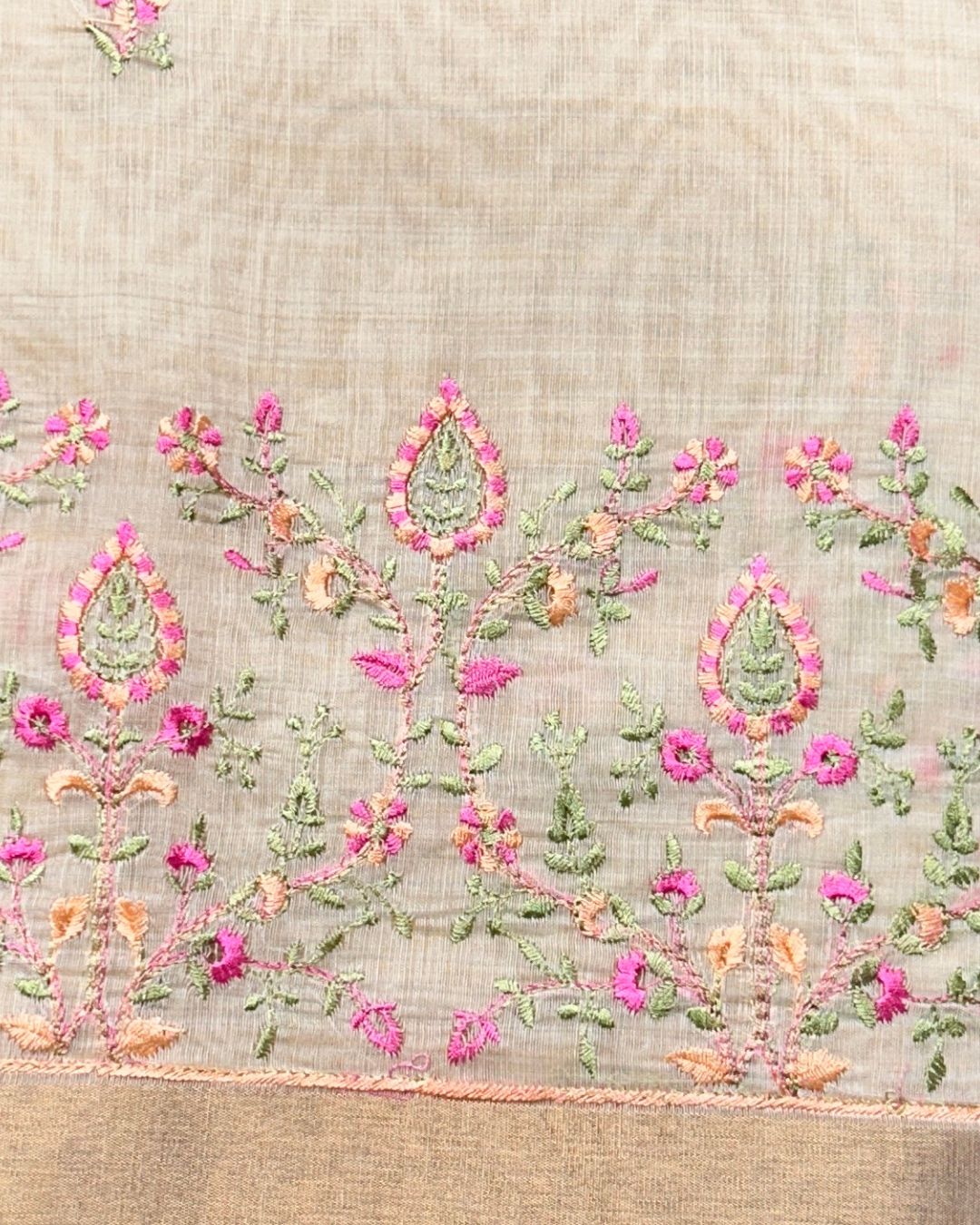Golden Beige Tissue Cotton Saree with Elegant Pink Floral Thread Embroidery