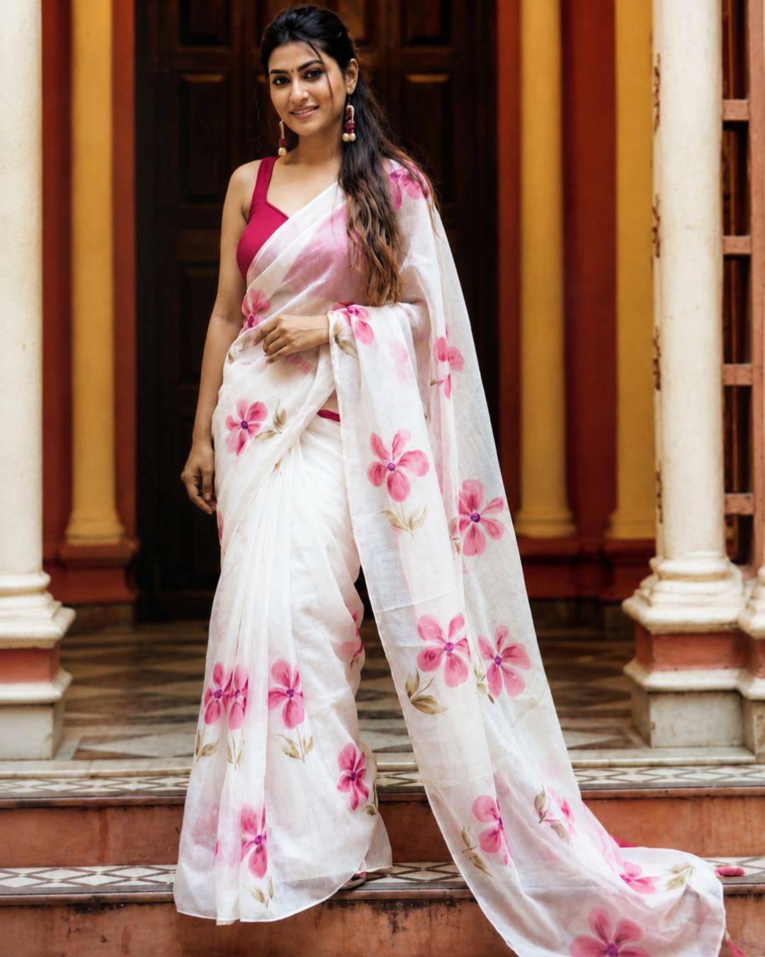 White Colour Linen Floral Cotton Saree