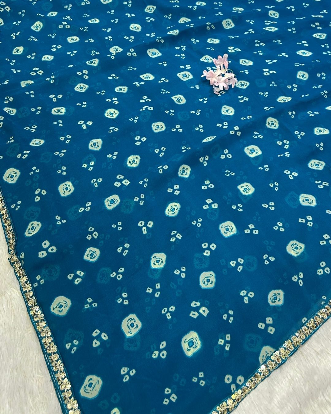 Sky Blue Colour Chiffon Batik Print lace Border Saree