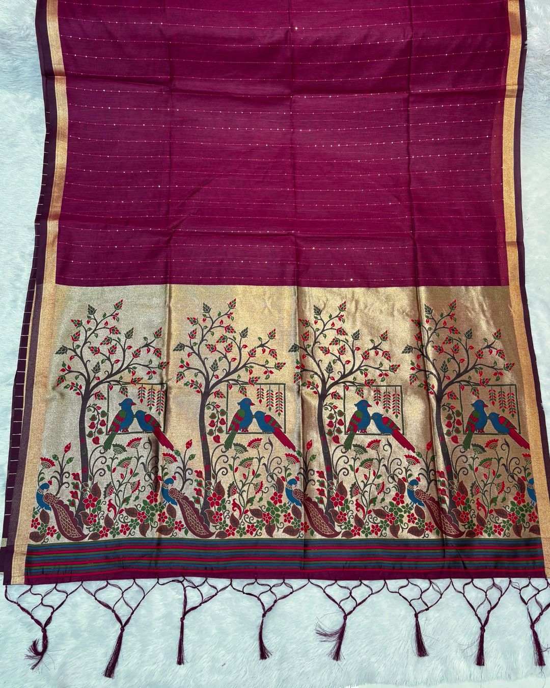 Wine  Colour Cotton Jamdani Saree with Sequin Work