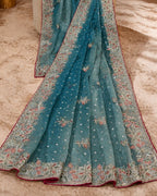 Sea Blue Shimmer Georgette Saree with Thread Work