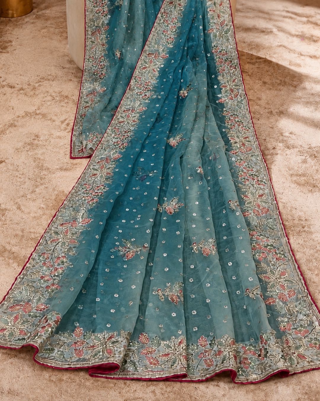 Sea Blue Shimmer Georgette Saree with Thread Work