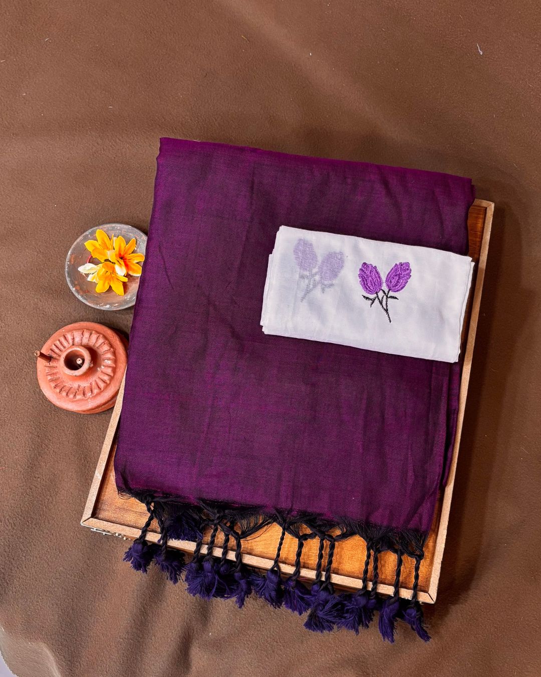 Magenta Colour Cotton Saree with Contrast Blouse Piece