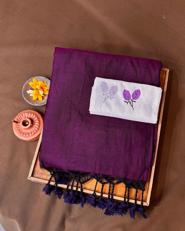 Magenta Colour Cotton Saree with Contrast Blouse Piece