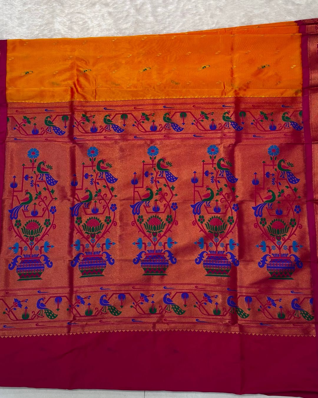 Mango Orange Colour Peacock Paithani with Contrast  Blouse