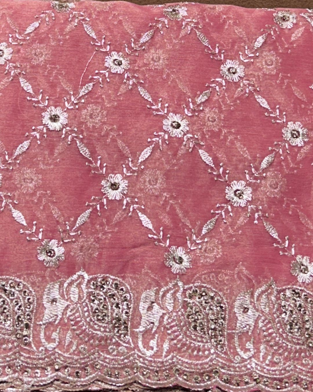 Dusty Rose Pink Colour Shimmer Chiffon Saree with Embroidery Work