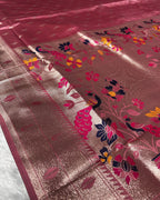Peach Pink  Colour Soft Satin Silk Peacock Butti Saree