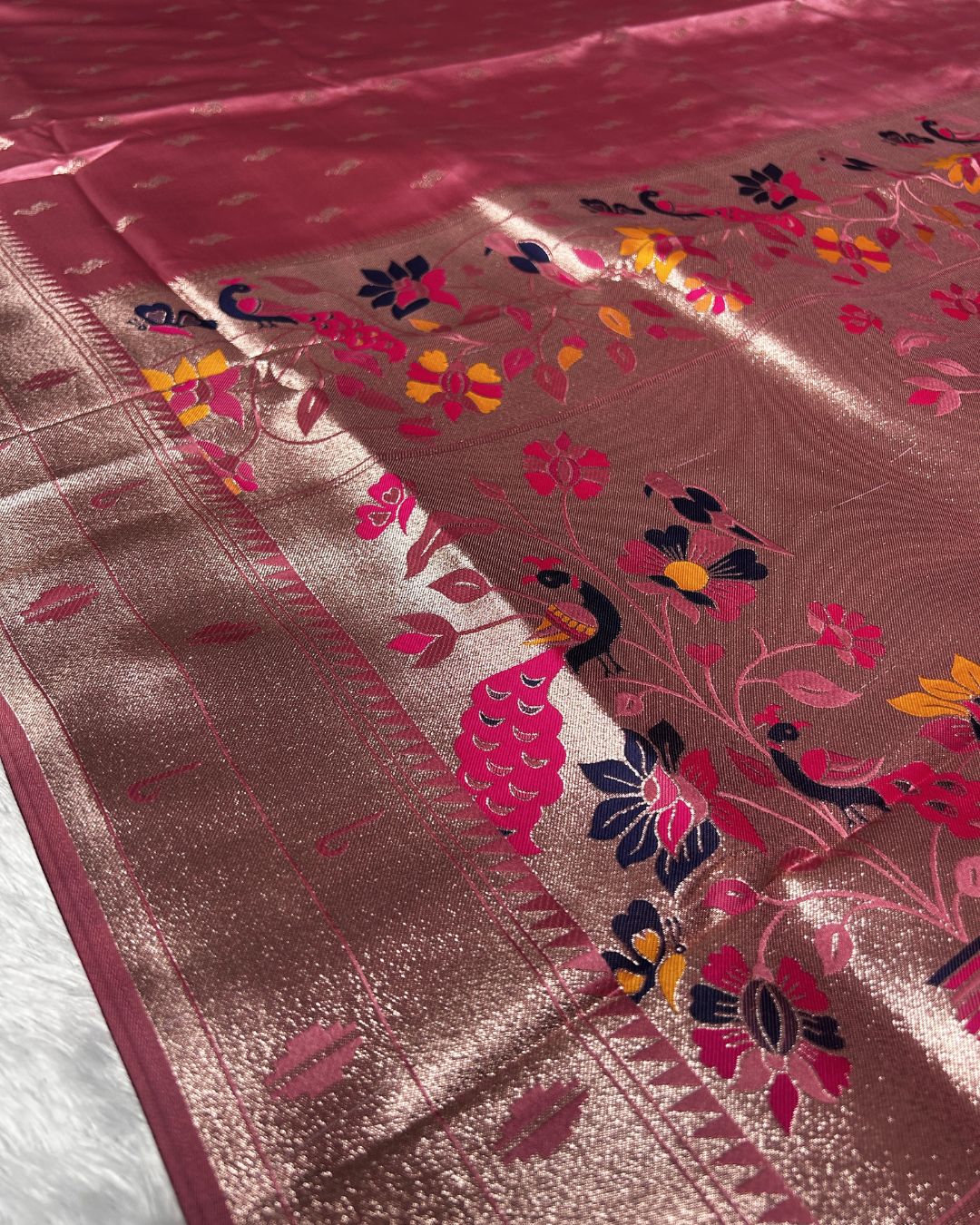Peach Pink  Colour Soft Satin Silk Peacock Butti Saree