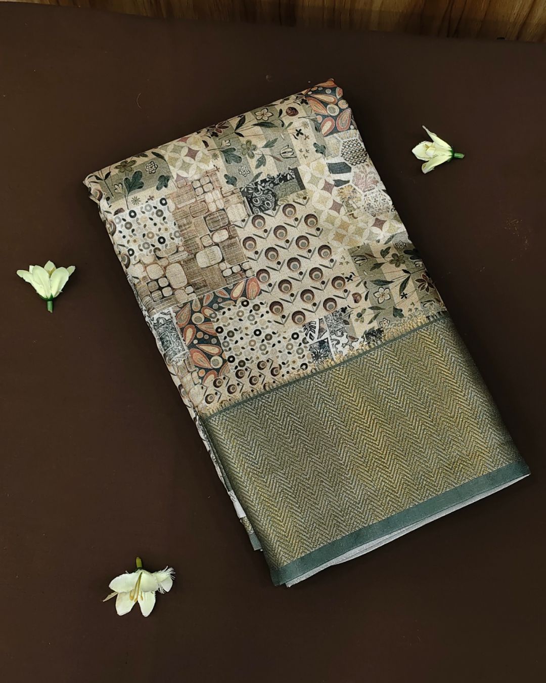 Off White Colour Tussar Silk Printed Saree