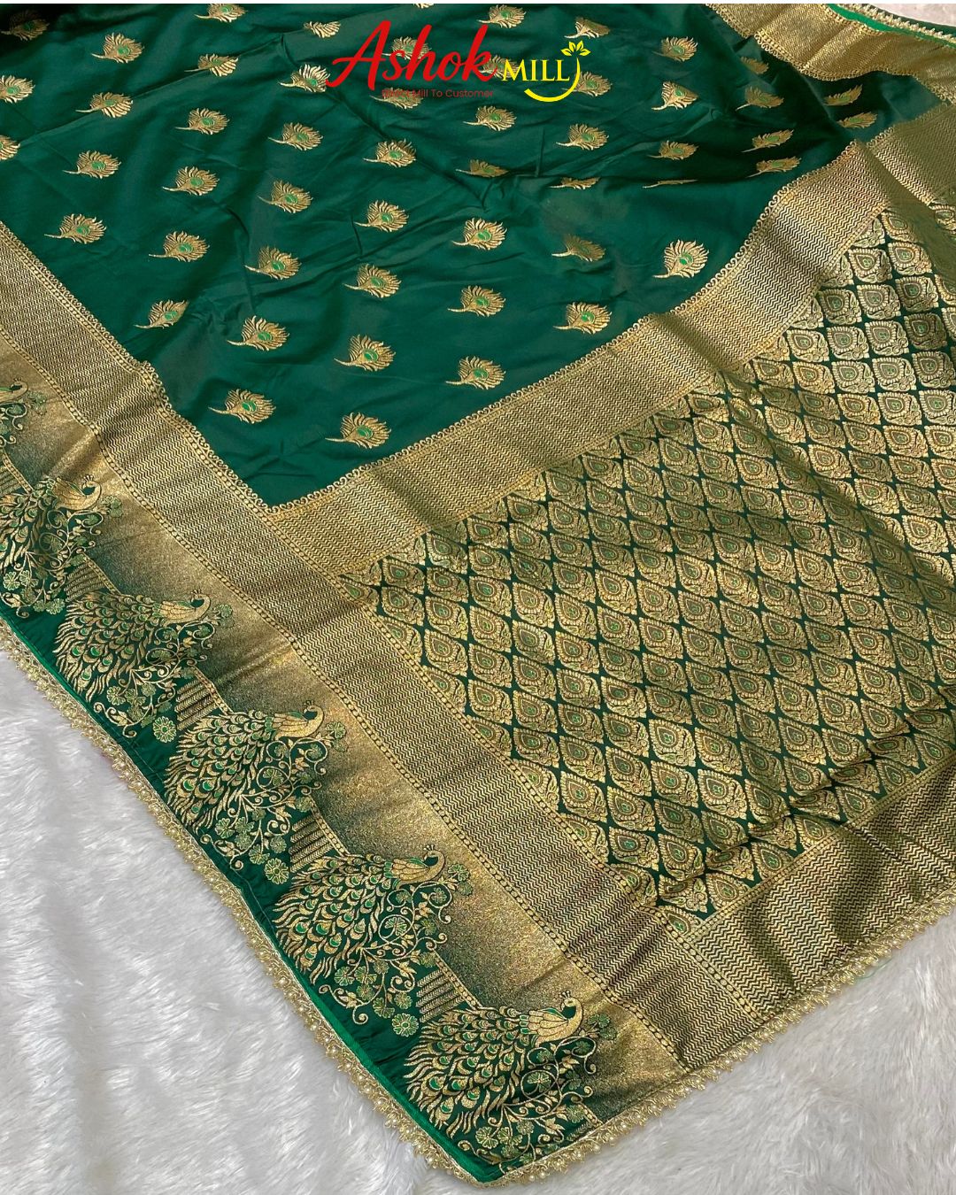 Green Colour Soft Satin Silk Saree With Moti Border