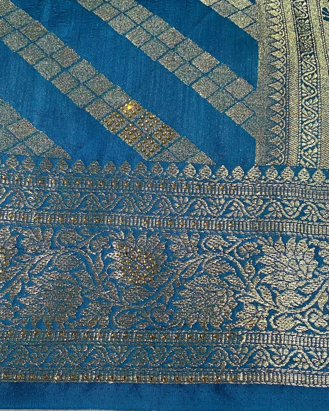 Petrol Blue Colour Vichitra Silk Swarovski Work Saree