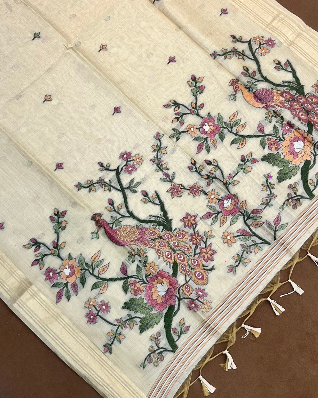 Cream Golden Colour Lotus Flower Thred work Cotton Saree