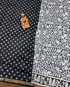Blue-Grey Colour Mal Cotton Kalamkari Printed Saree with Contrast Blouse