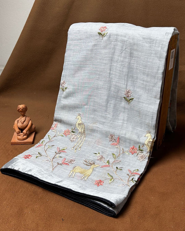 Grey Colour Linen Cotton Thread work Saree