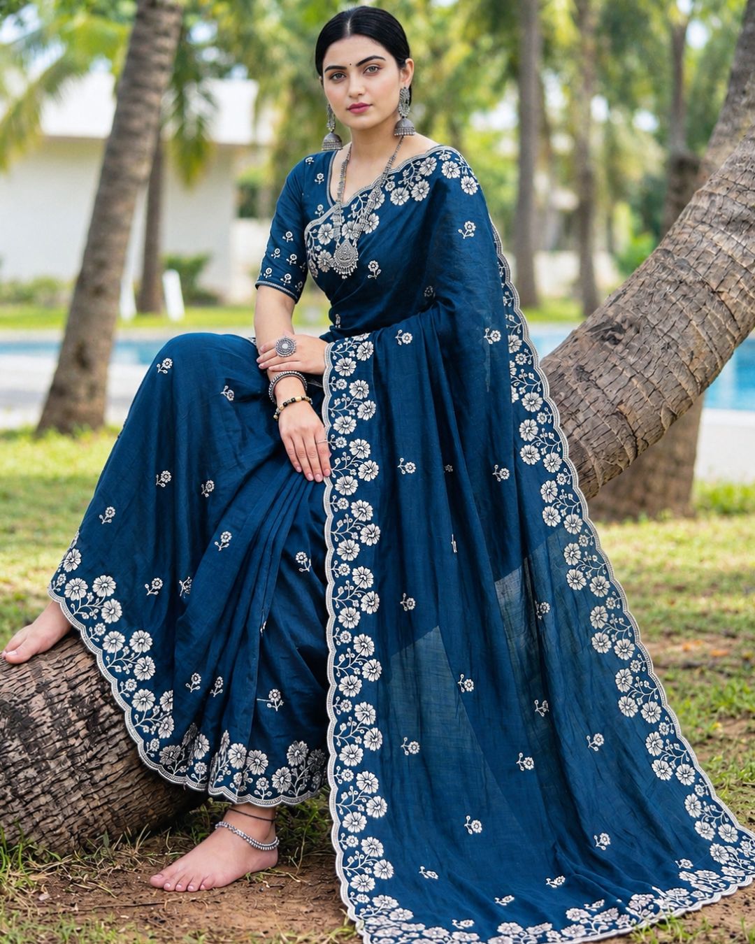 Dark Petrol Blue Colour Vichitra Silk Cut Wok Border Saree