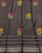 Dark Brown Colour Katha Work Cotton Saree