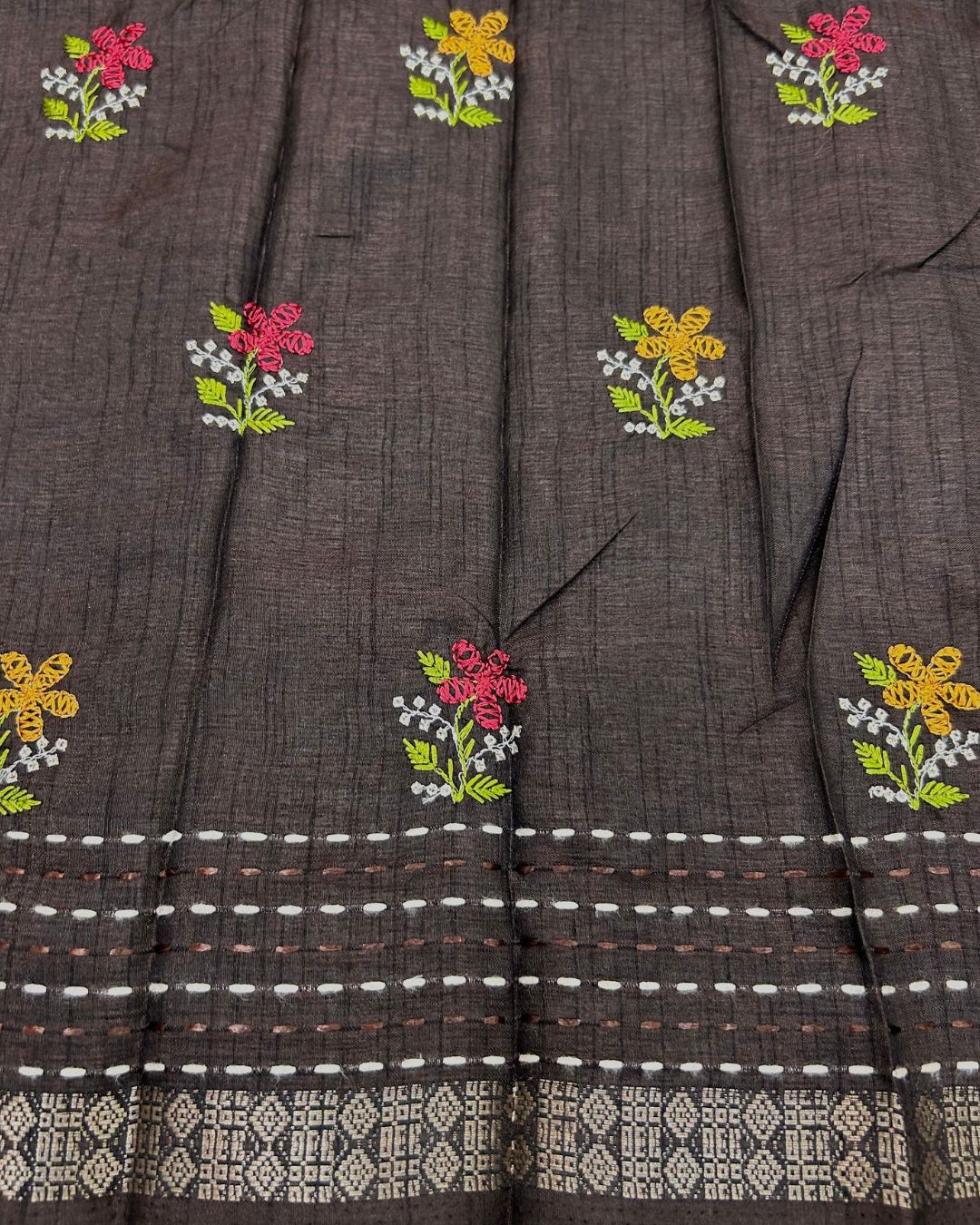 Dark Brown Colour Katha Work Cotton Saree