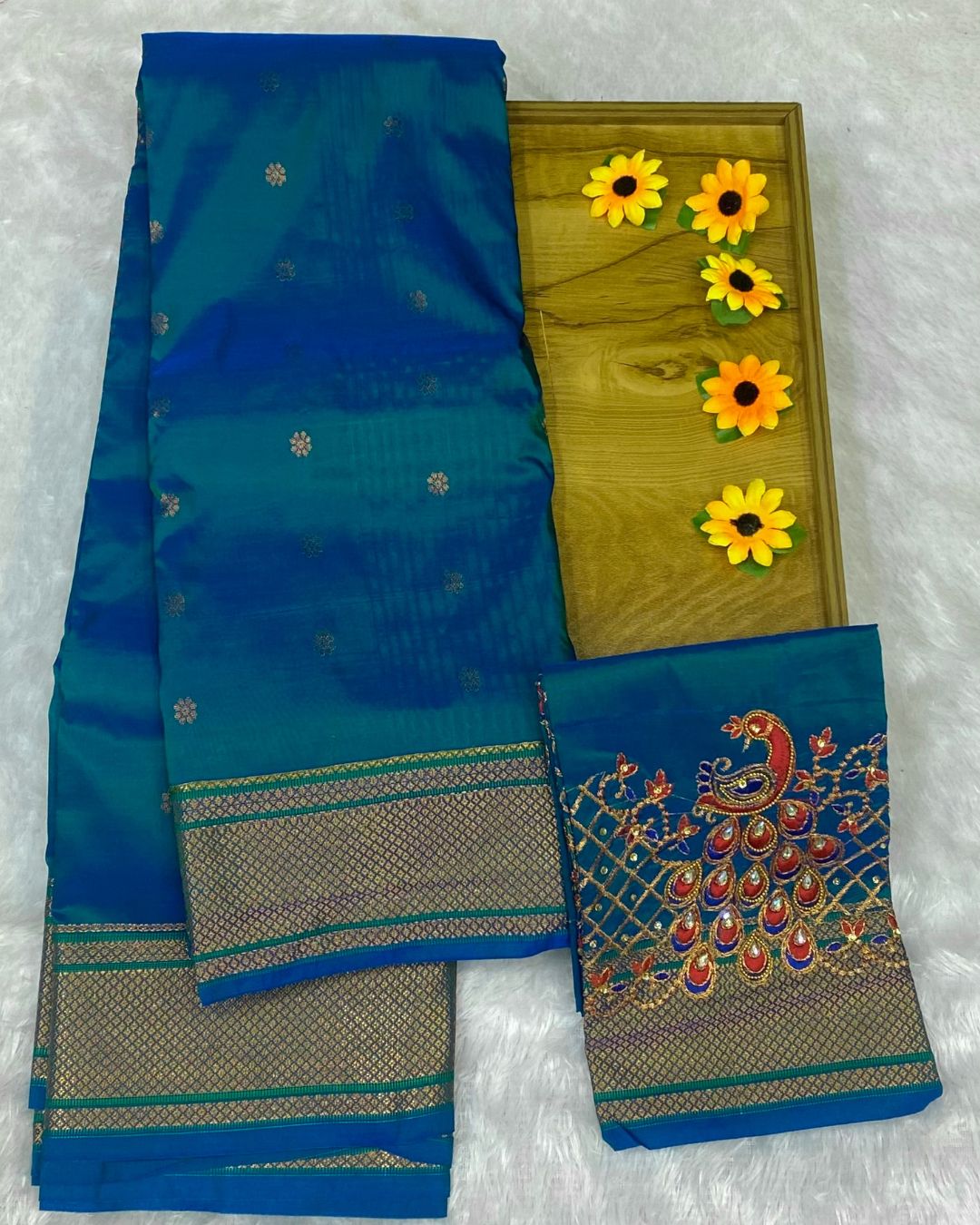 Peacock Blue Colour Kalanjali Paithani with Aari Work Blouse