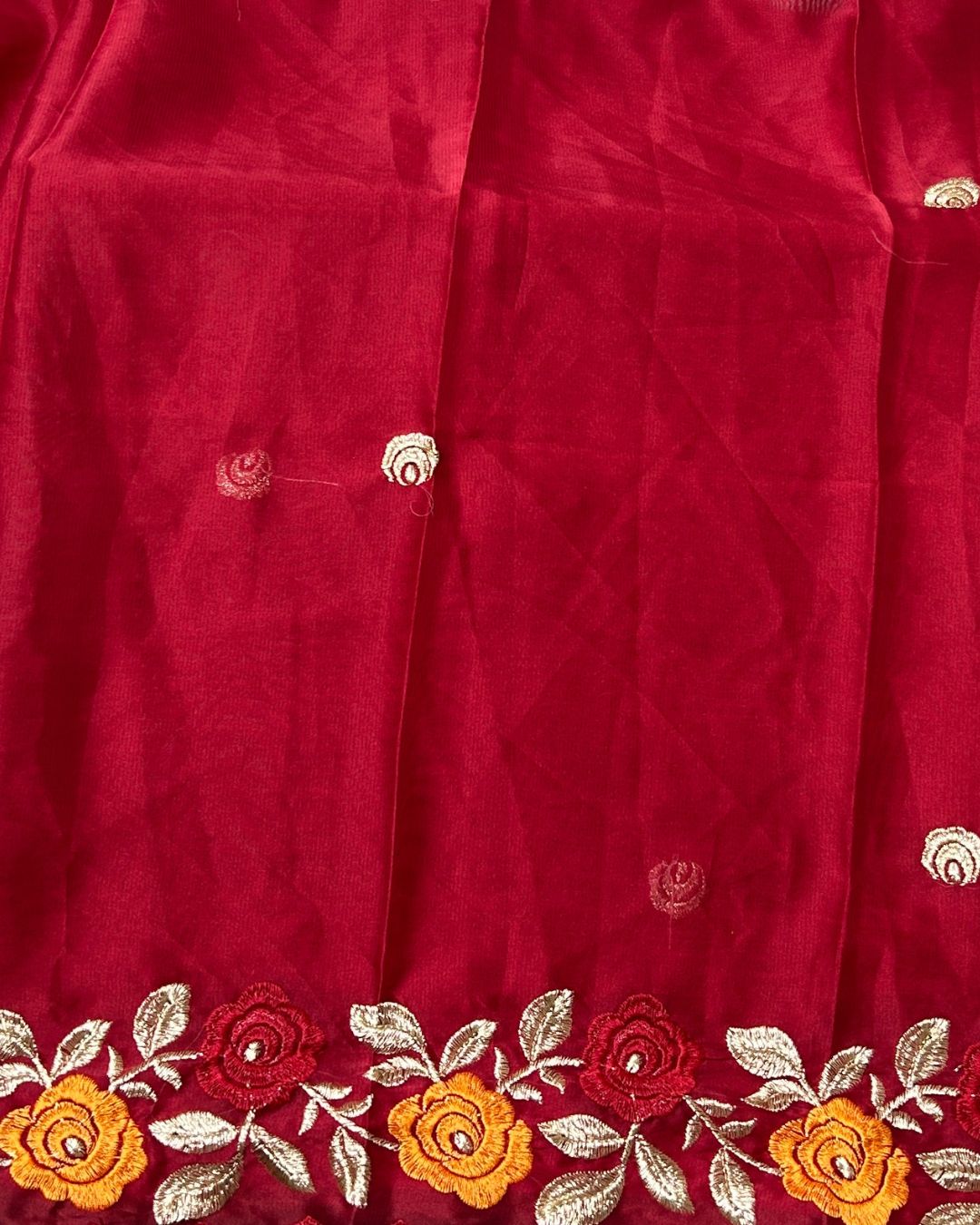 Off-White Colour Floral Embroidered Saree with Contrast Blouse