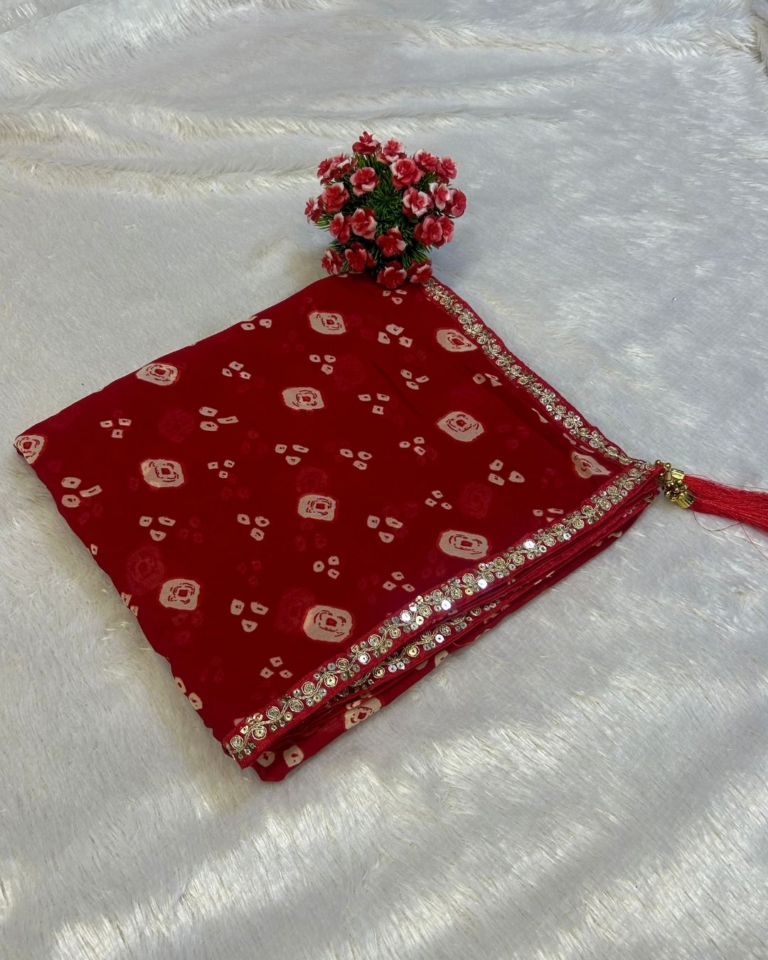 Red Colour Chiffon Batik Print lace Border Saree