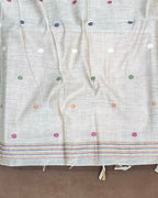 Cream Golden Colour Lotus Flower Thred work Cotton Saree