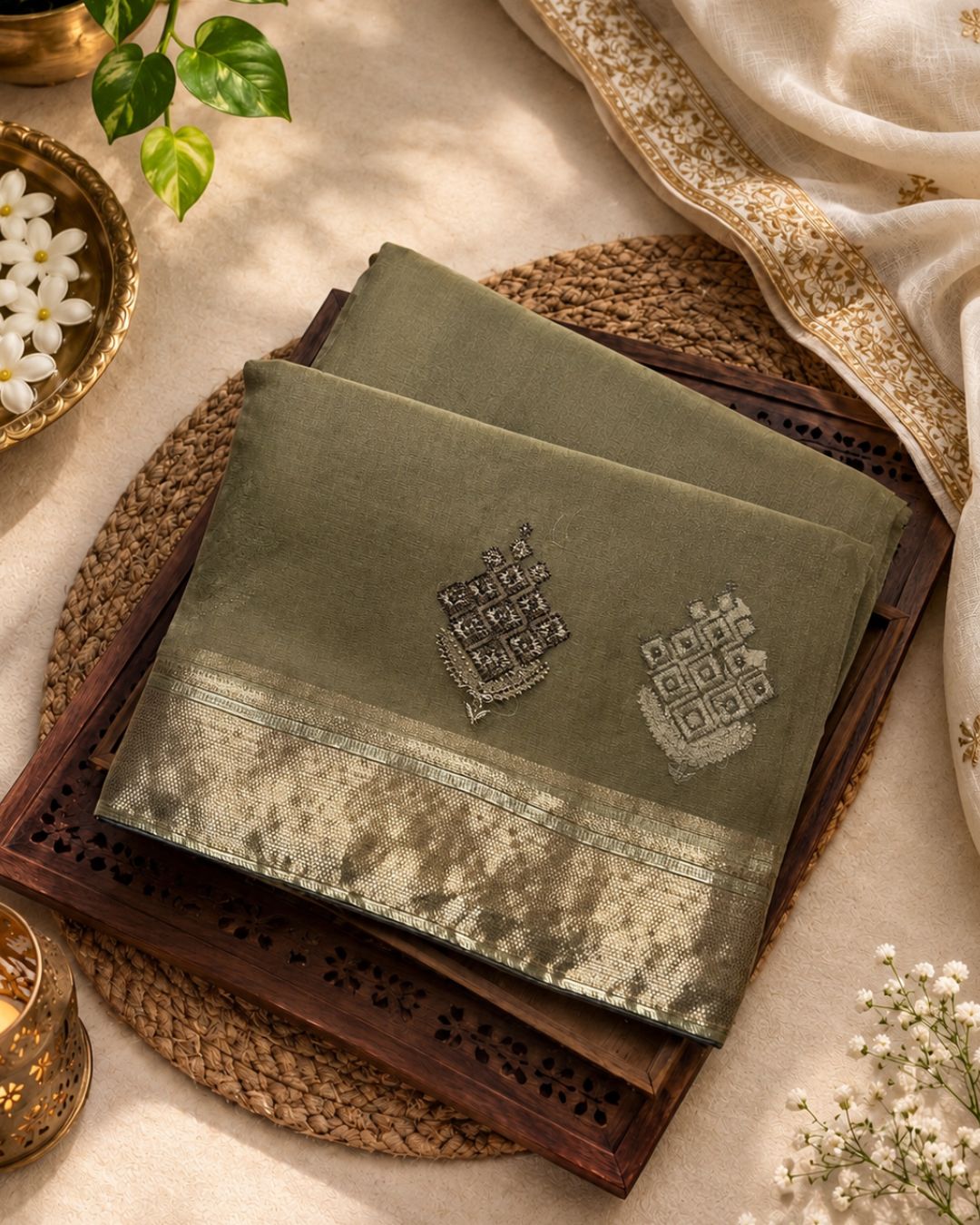 Grey Colour Organza Silk Saree with Golden Zari Border