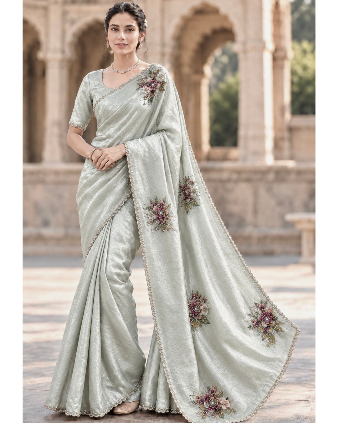 Mint Green Colour Organza Saree with Floral Applique work