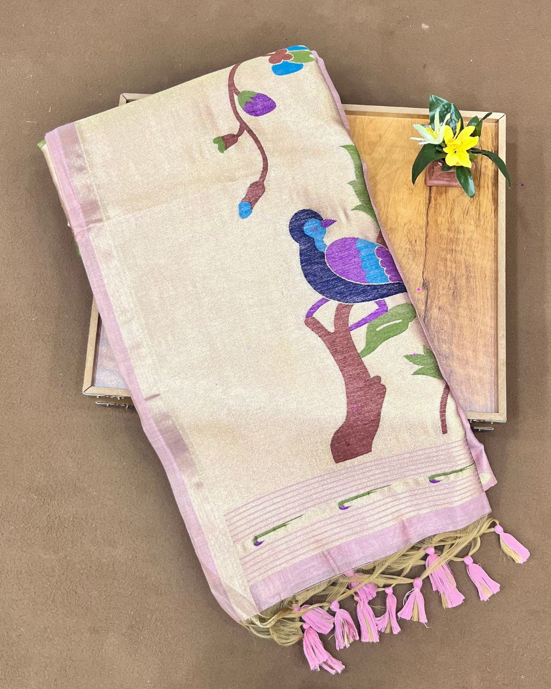 Flamingo Pink Colour  Thread work Cotton Saree