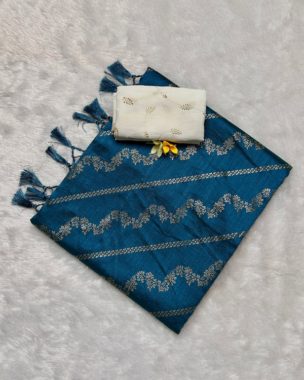 Torquoise Colour Vichitra Silk Foil Print with Contrast Blouse Piece