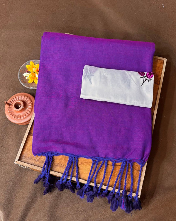Violet Colour Cotton Saree with Contrast Blouse Piece