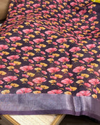 Purple-Wine Colour Linen Cotton Digital Printed Saree