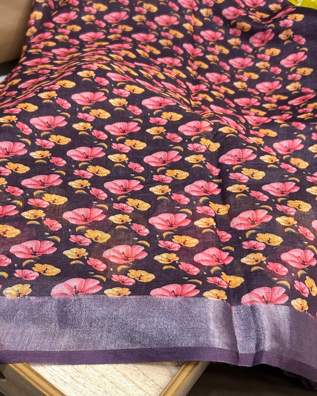 Purple-Wine Colour Linen Cotton Digital Printed Saree