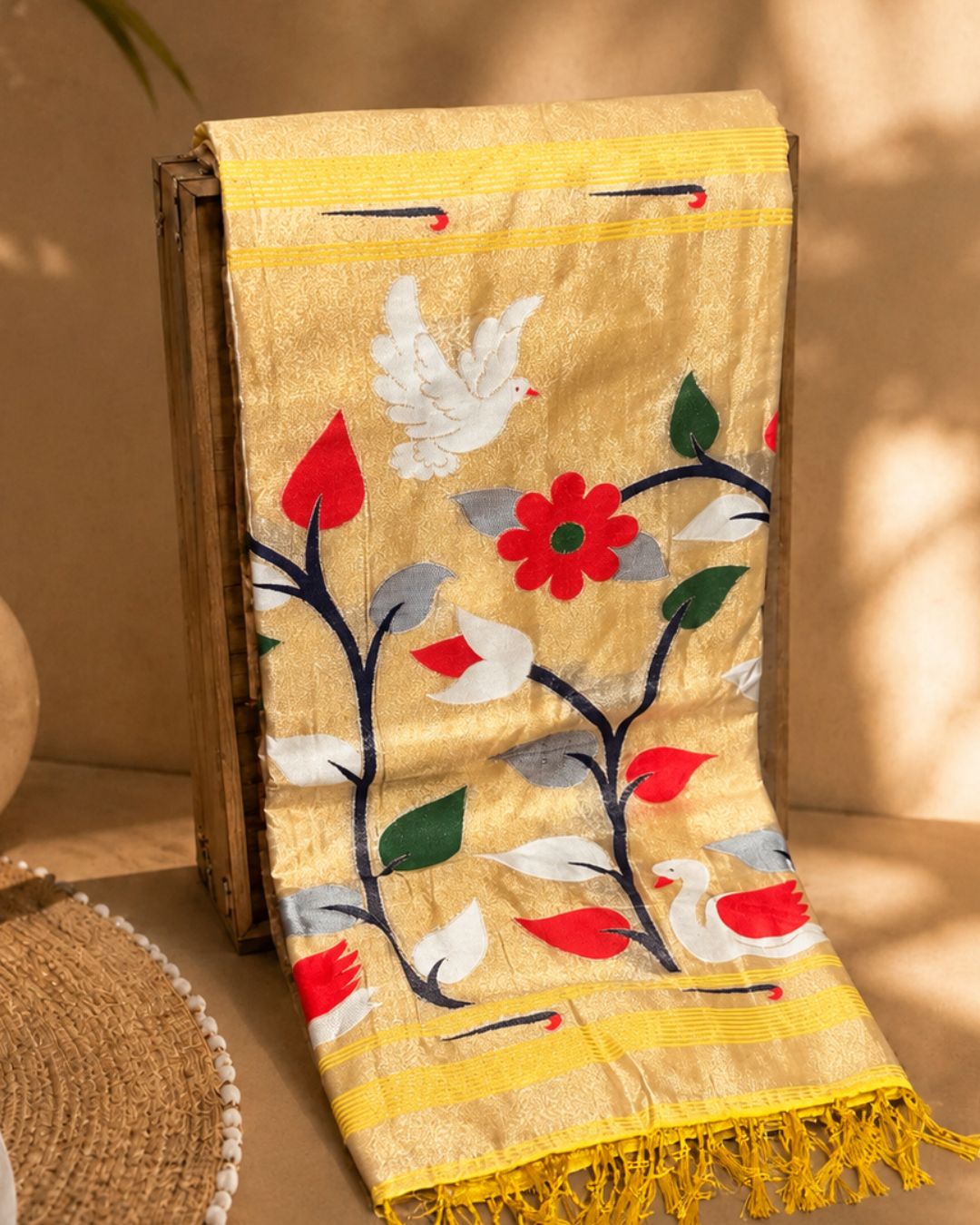 Yellow Colour Cotton Meenakari Work Saree