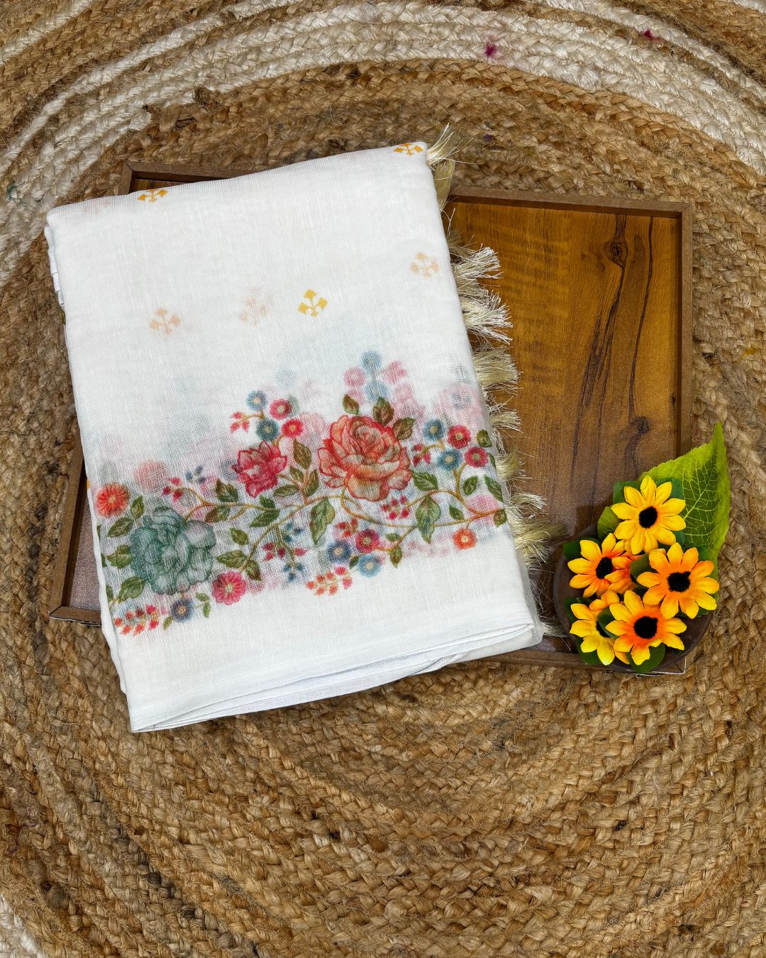 White Colour Linen Floral Cotton Saree