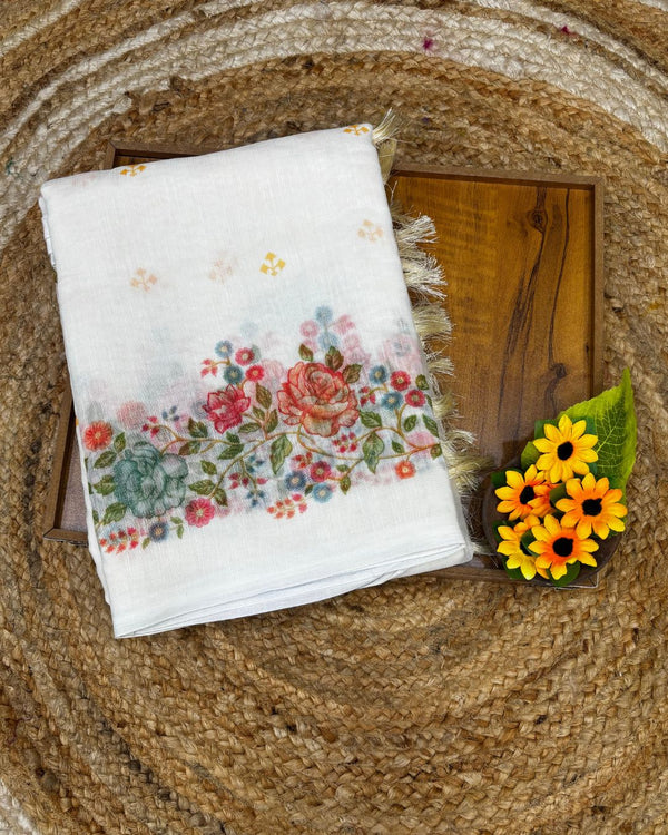 White Colour Linen Floral Cotton Saree