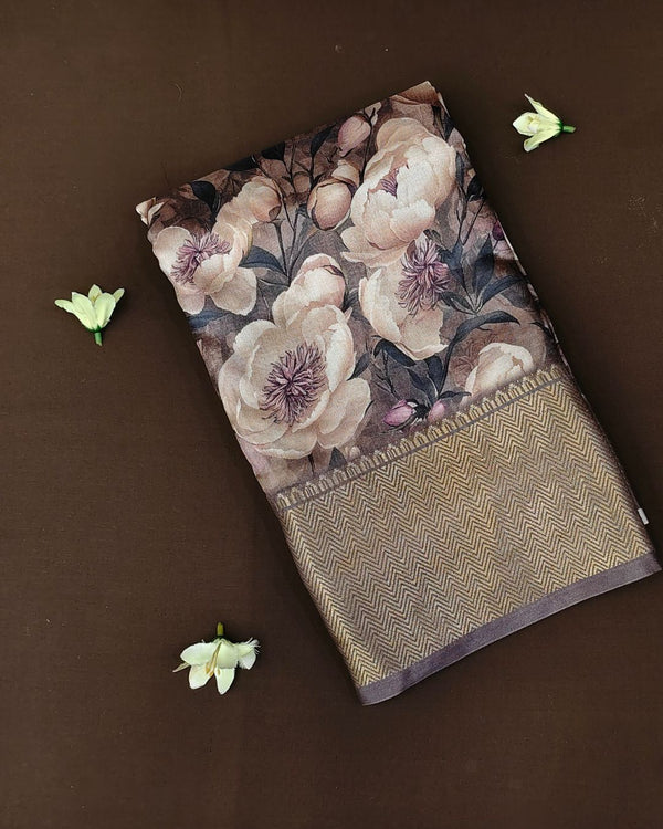 Dusty Brown Colour Tussar Silk Printed Saree
