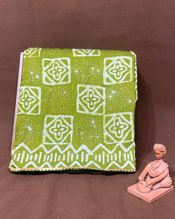 Parrot Green Colour Batik Cotton Saree